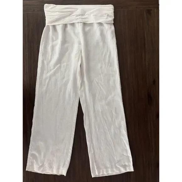 Saks Fifth Avenue Linen Pants Womens M/L White Yoga Elastic Waistband Wide Leg - Picture 1 of 11
